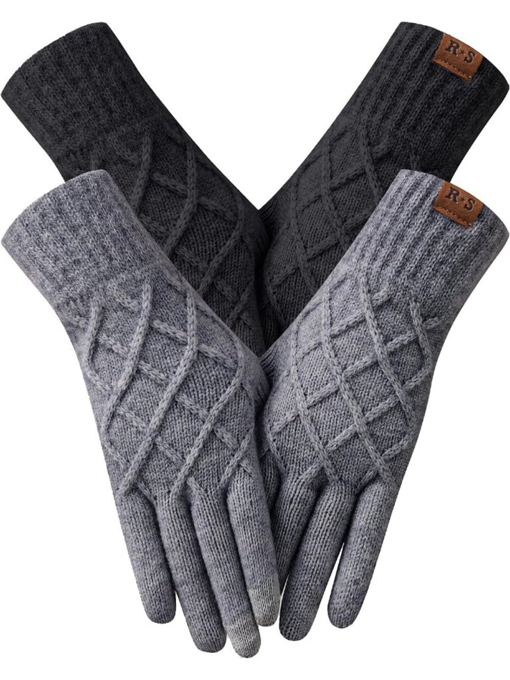 2 Pairs Women's Black Dark Gray Touchscreen Elastic Thermal Lining Warm Gloves